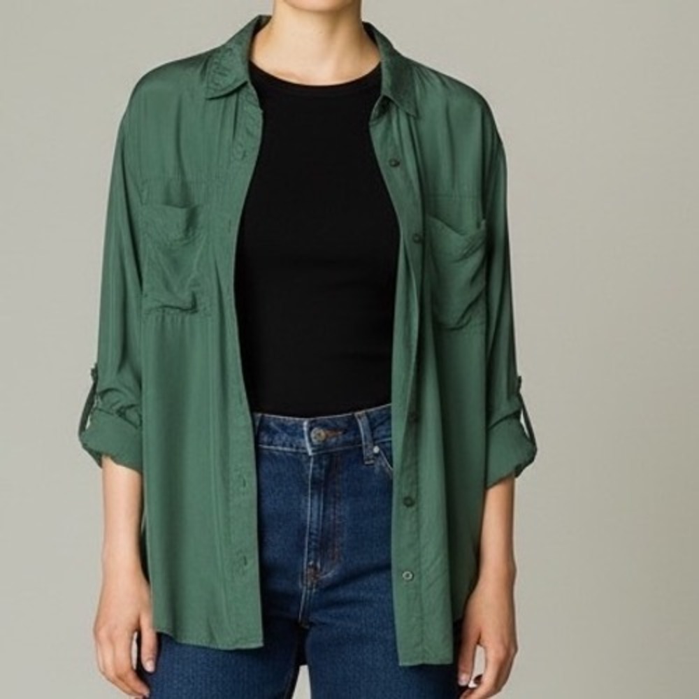 Kikomo Womens Green 100% Silk Button Down Utility Shirt M VTG 90s Y2K luxury